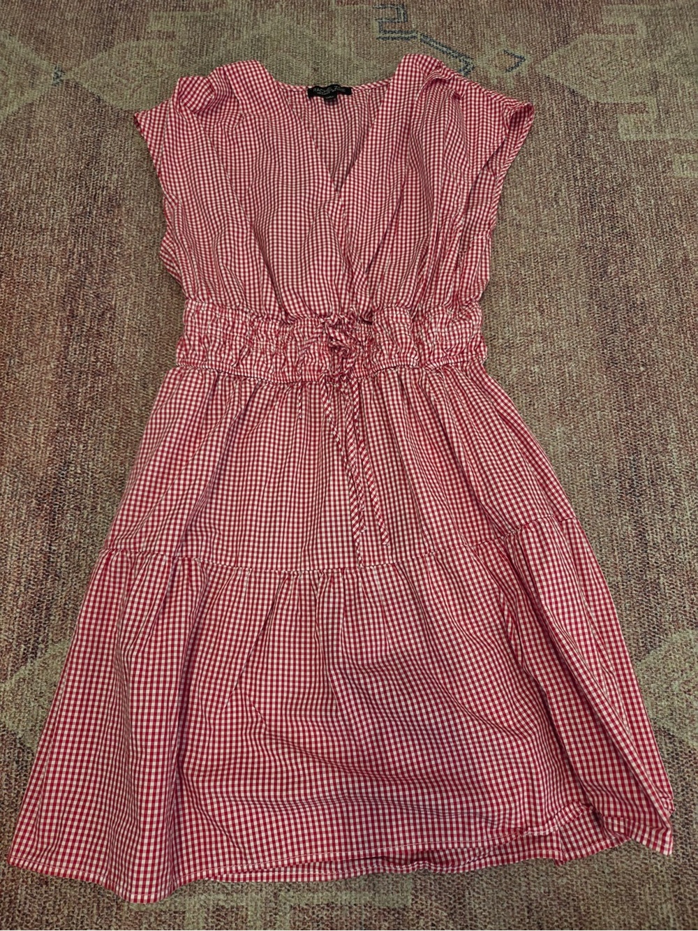 Rachel Zoe red gingham ruched v neck cap sleeve tiered mini dress size lg